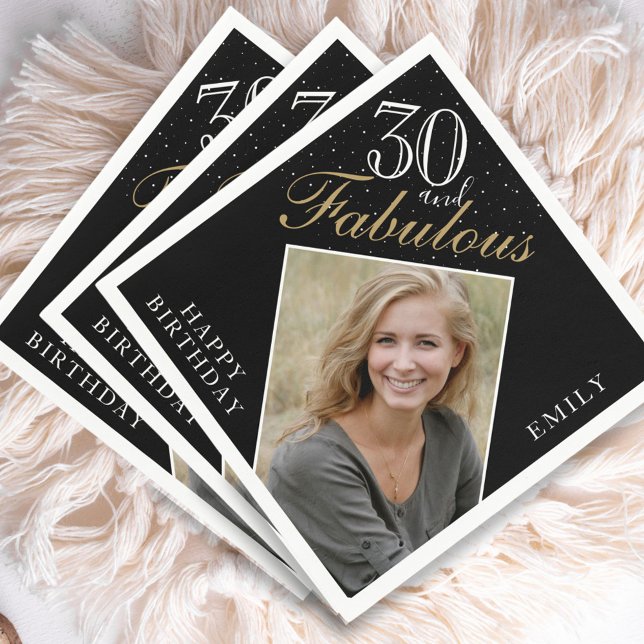 30 and Fabulous Elegant Black Photo 30th Birthday Napkins (Creator Uploaded)