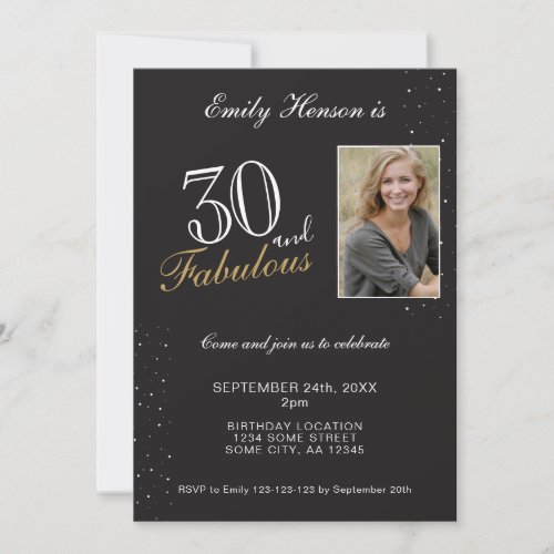 30 and Fabulous Elegant Black Photo Birthday  Invitation