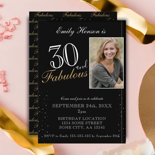 30 and Fabulous Elegant Black Photo Birthday Invitation