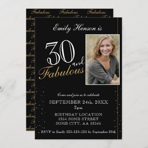 30 and Fabulous Elegant Black Photo Birthday Invitation - 30 and Fabulous Elegant Black Photo Birthday Invitation. Black elegant photo birthday party invitation. Fabulous pattern is on the backside. Add your photo and customize the text on the invitation. Great for a woman`s birthday party.