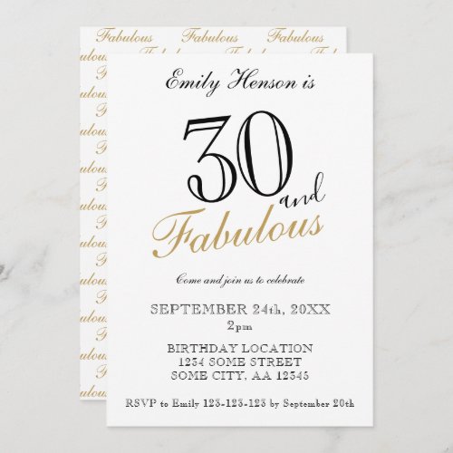 30 and Fabulous Elegant Script Birthday  Invitation - 30 and Fabulous Elegant Script Birthday Invitation. Elegant birthday party invitation. Fabulous pattern is on the backside. Customize the text on the invitation. Great for a woman`s 30th birthday party.