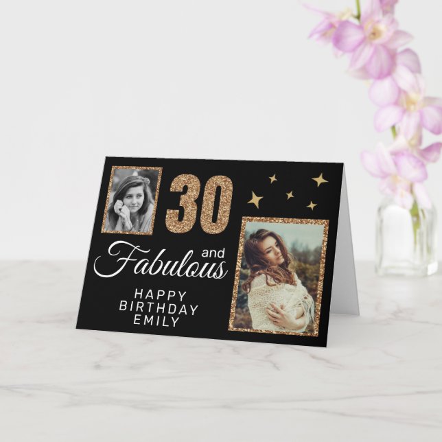 30 and Fabulous Gold Glitter 2 Photo 30th Birthday Card (Orchid)