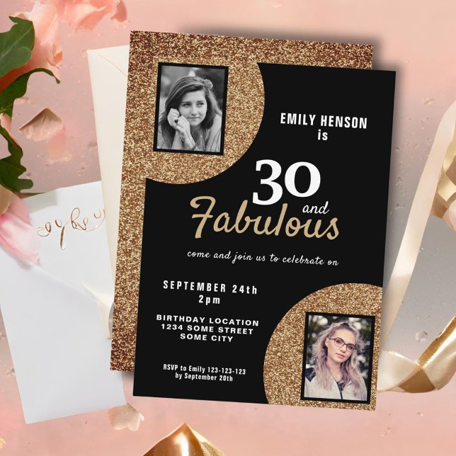 30 and Fabulous Gold Glitter 2 Photo 30th Birthday Invitation (Creator Uploaded)