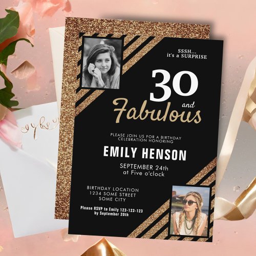 30 and Fabulous Gold Glitter 2 Photo 30th Birthday Invitation