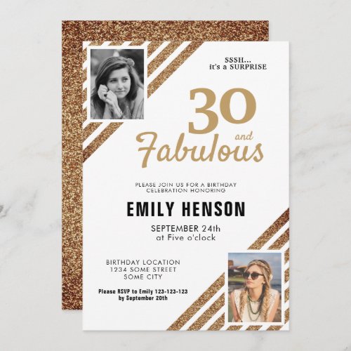 30 and Fabulous Gold Glitter 2 Photo 30th Birthday Invitation