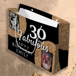 30 and Fabulous Gold Glitter 2 Photo 30th Birthday Large Gift Bag<br><div class="desc">30 and Fabulous Gold Glitter 2 Photo 30th Birthday Gift Bag. Faux gold glitter on black with 2 photos - you can use an old and a new photo. Add your name and age and make a great elegant personalized gift bag for the milestone birthday celebration.</div>
