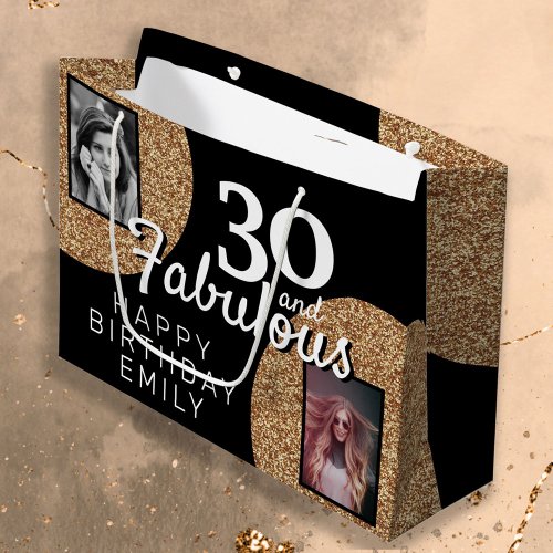 30 and Fabulous Gold Glitter 2 Photo 30th Birthday Large Gift Bag