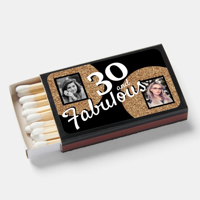 30 and Fabulous Gold Glitter 2 Photo 30th Birthday Matchboxes (Front Open)