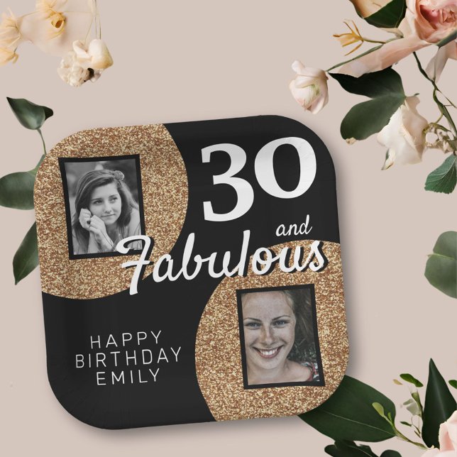 30 and Fabulous Gold Glitter 2 Photo 30th Birthday Paper Plates (Creator Uploaded)