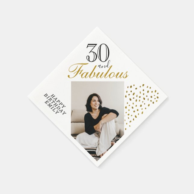 30 and Fabulous Gold Glitter Photo 30th Birthday Napkins (Corner)
