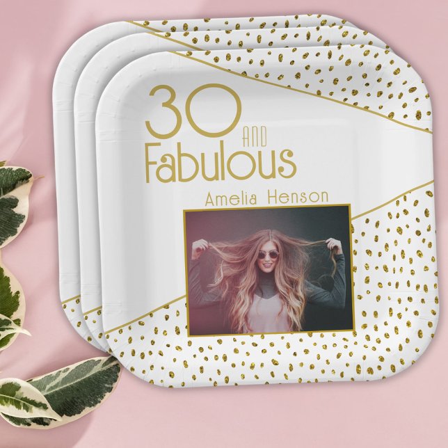 30 and Fabulous Gold Glitter Photo 30th Birthday  Paper Plates (Creator Uploaded)