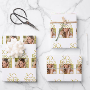 30 and Fabulous Gold White Photo 30th Birthday Wrapping Paper Sheets