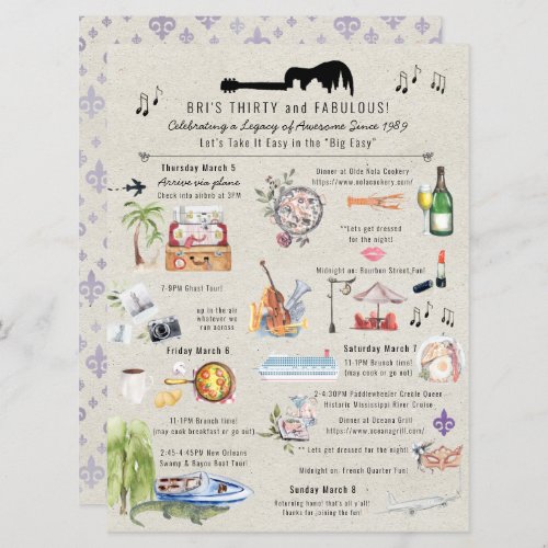 30 and Fabulous  New Orleans Birthday Itinerary Invitation