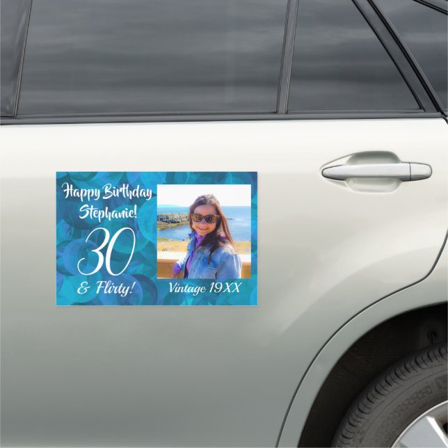 30 and Flirty Ocean Blue Birthday Photo Car Magnet (In Situ)
