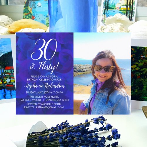 30 and Flirty Royal Blue Photo Birthday Party Invitation
