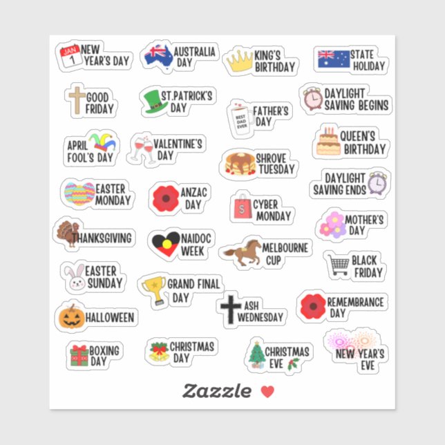 30 Australian Public Holiday Special Days Planner  Sticker (Sheet)