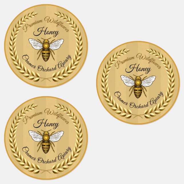 30 Bee and Garland Amber Striped Honey Jar Food Labels (Group)