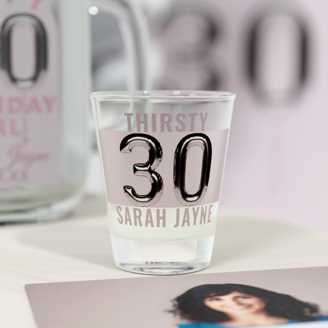 30 Birthday Balloon Personalized Shot Glass (Happy 30th Birthday! Take a shot! A pink and silver shot glass to remember the day. Add your name!)