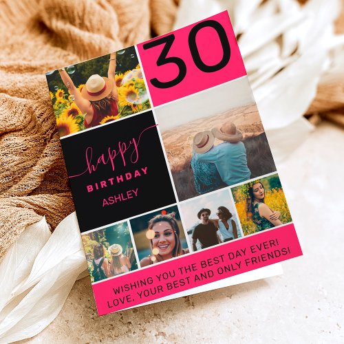 30 birthday neon pink 6 photo collage grid card