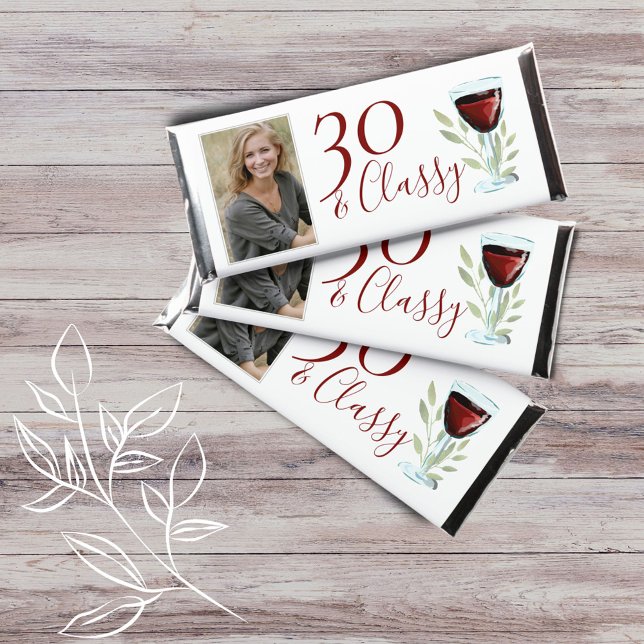 30 & Classy Red Wine Glass 30th Birthday Photo Hershey Bar Favors (Creator Uploaded)