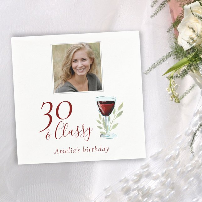 30 & Classy Red Wine Glass 30th Birthday Photo Napkins (Creator Uploaded)
