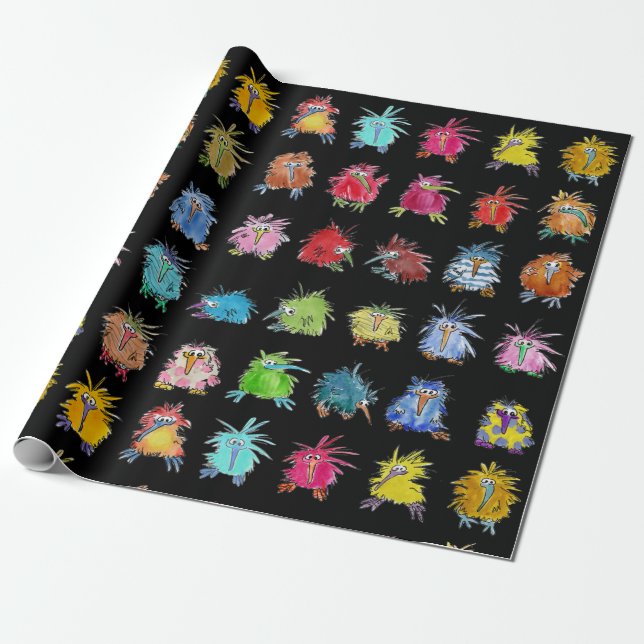 30 Cute Cartoon Kiwi Birds on Black Wrapping Paper (Unrolled)