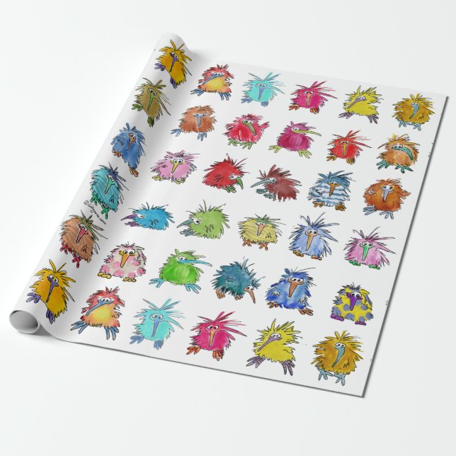 30 Cute Cartoon Kiwi Birds Wrapping Paper (Unrolled)