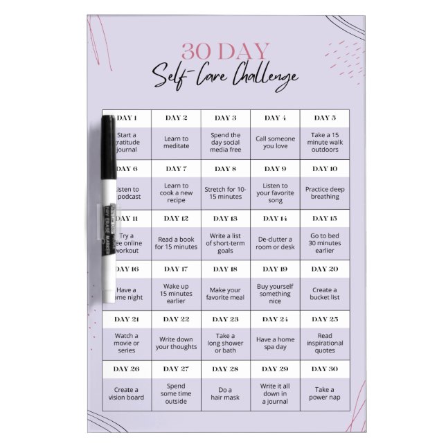30-Day Self-care Challenge Tracker Dry Erase Board (Front)