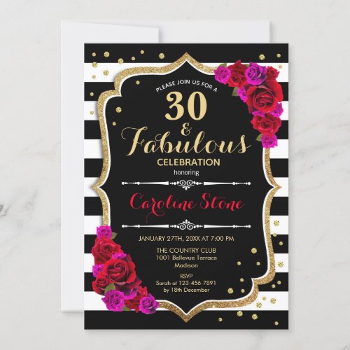 30 Fabulous Birthday _ Black White Stripes Roses Invitation