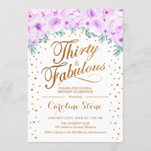 30 Fabulous Birthday Party - White Gold Purple Invitation