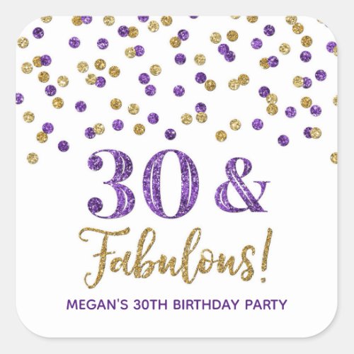 30  Fabulous Birthday Purple Gold  Square Sticker
