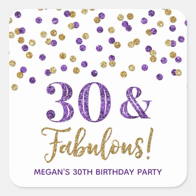 30 & Fabulous Birthday Purple Gold  Square Sticker (Front)