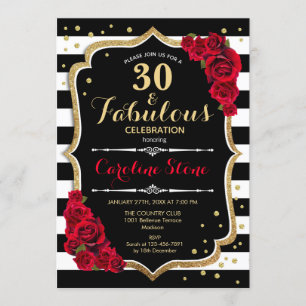 30 Fabulous Birthday - Roses Black White Stripes Invitation