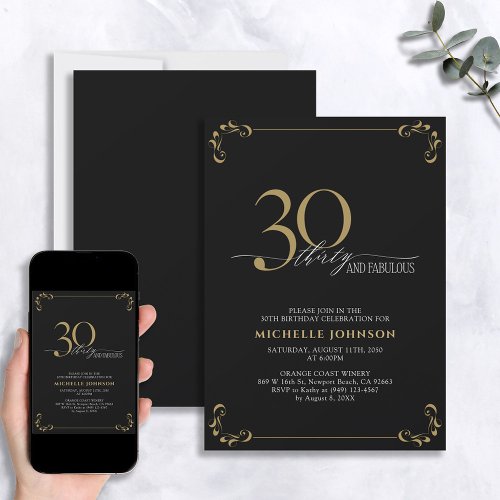 30  Fabulous Black  Gold Calligraphy Birthday In Invitation
