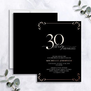 30 & Fabulous Black Rose Gold Calligraphy Birthday Foil Invitation