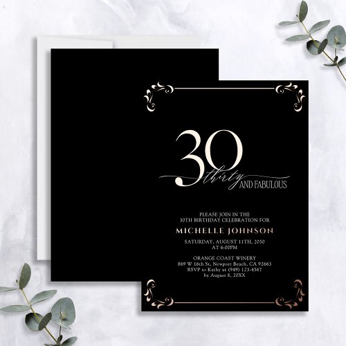 30  Fabulous Black Rose Gold Calligraphy Birthday Foil Invitation