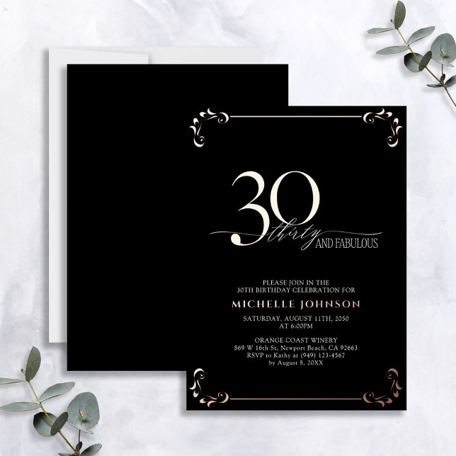 30 & Fabulous Black Rose Gold Calligraphy Birthday Foil Invitation (Creator Uploaded)