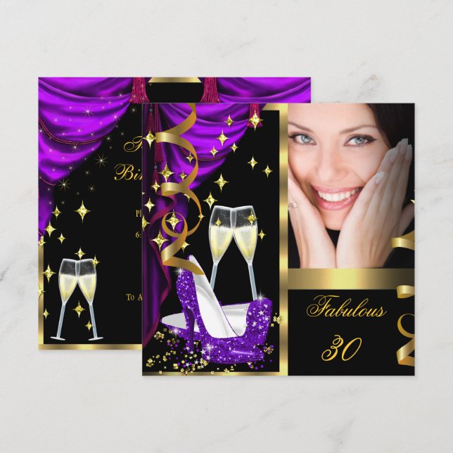 30 Fabulous & Fantastic Purple Champagne Party 3 Invitation (Front/Back)