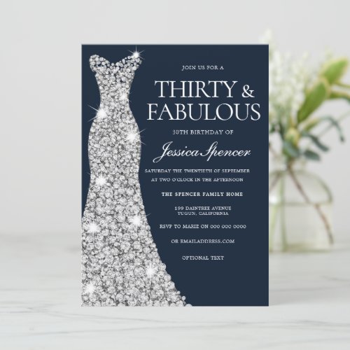 30  Fabulous Silver Diamond Gown 30th Birthday Invitation