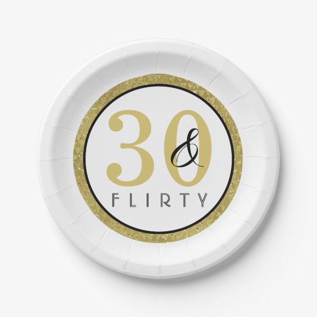 30 & Flirty Gold Black 30th Birthday Party  Paper Plates (Front)