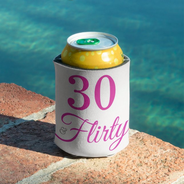 30 & Flirty Pink and Gray 30th Birthday Can Cooler (In Situ Pool)