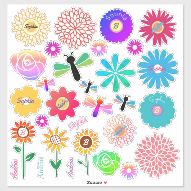 30 Flowers, Dragonflies, DIY Names & Initials Sticker (Sheet)