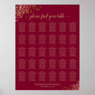 30 Gold Frills on Burgundy Wedding Seating Chart