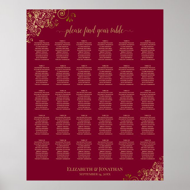 30 Gold Frills on Burgundy Wedding Seating Chart (Front)