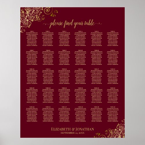30 Gold Frills on Burgundy Wedding Seating Chart
