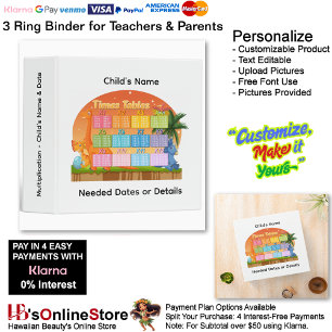 30 Learn Multiplication Child's Name Date Teacher  3 Ring Binder