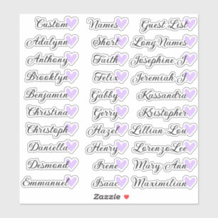 30 Names Custom Guest List Calligraphy Lilac Heart Sticker