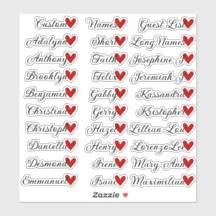 30 Names Custom Guest List Calligraphy Red Heart Sticker