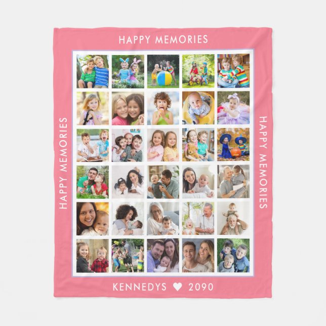 30 Photo Collage Family Name Memories Pink Fleece Blanket (Front)
