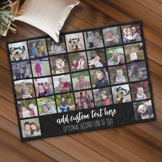 30 Photo Collage Grid - 2 Text boxes - black white Fleece Blanket (Personalized fleece blanket with 30 photos and custom text)